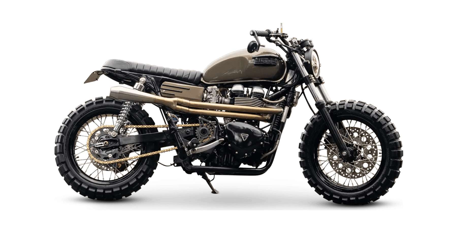 Mô tô custom classic màu xám olive với lốp gai