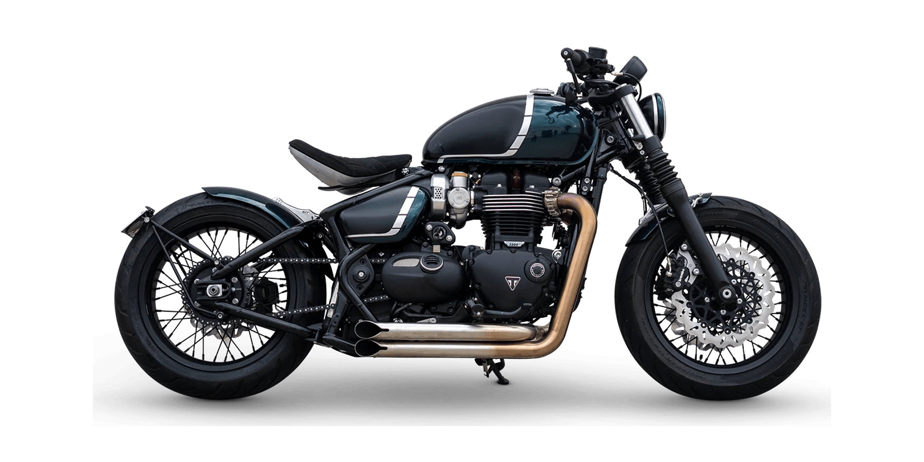 Mô tô custom classic màu xanh đậm với yên solo
