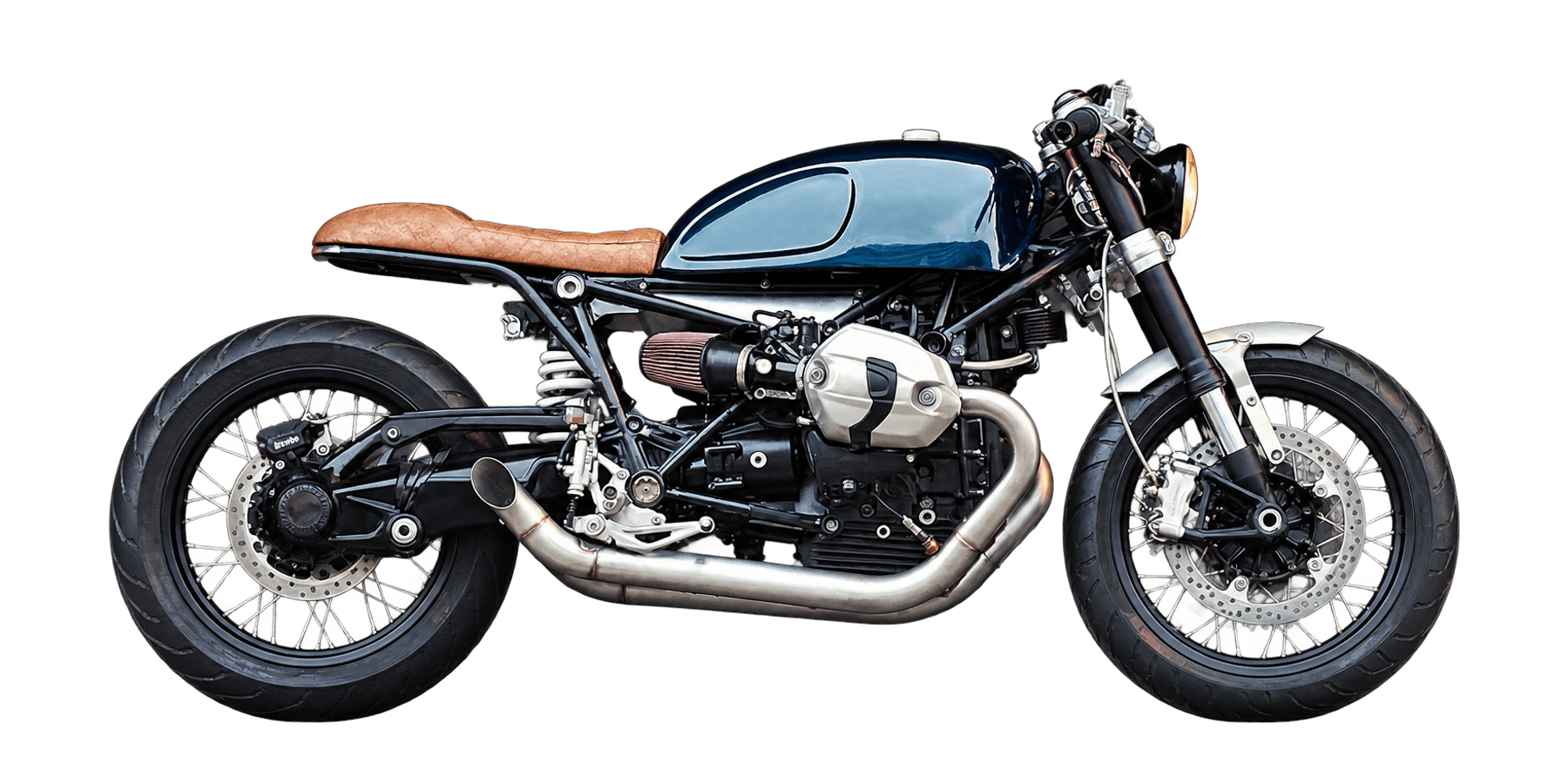 Mô tô cafe racer boxer với bình xăng xanh và yên da nâu
