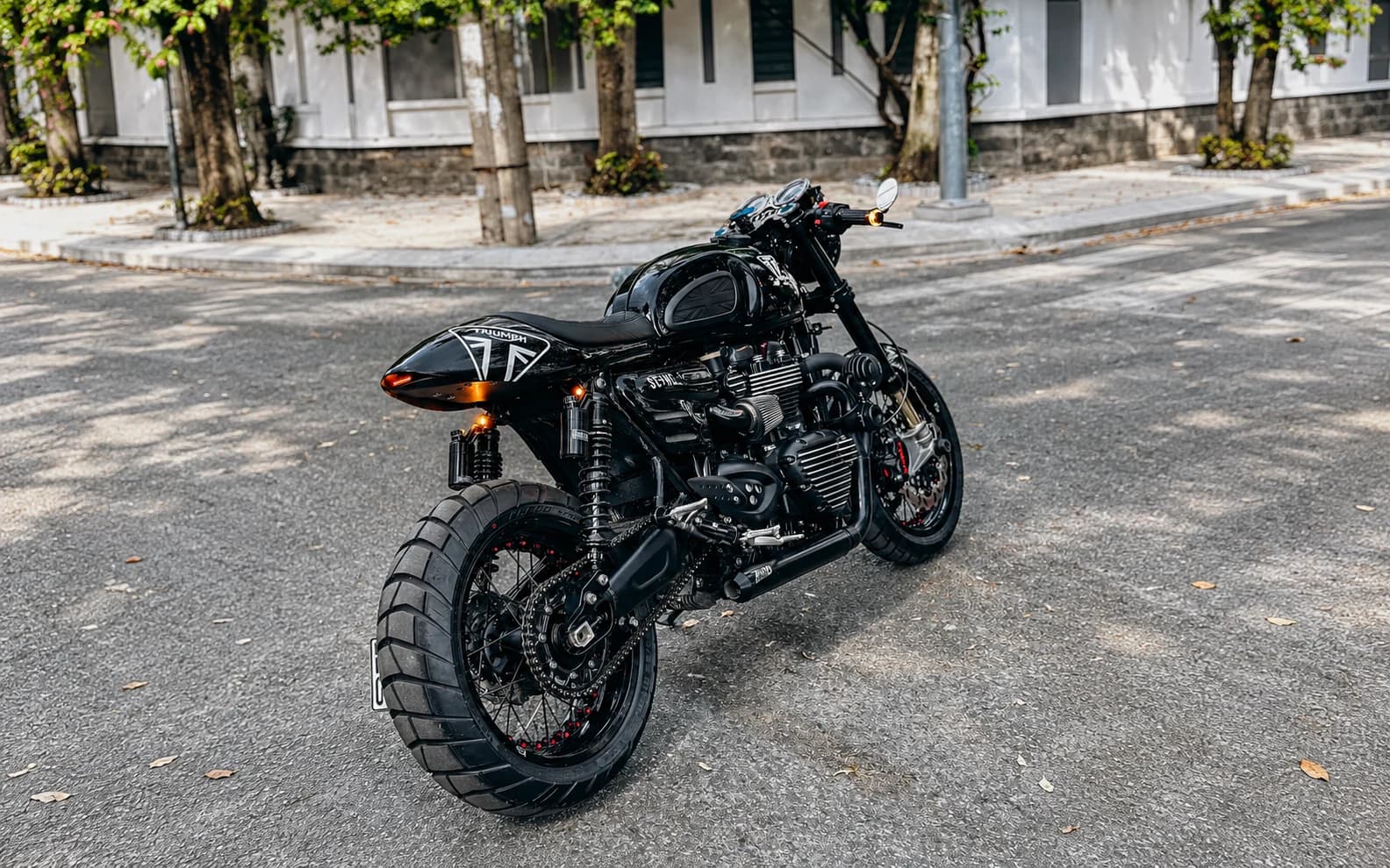 Black custom motorcycle showing its tank, suspension, engine and exhaust components
